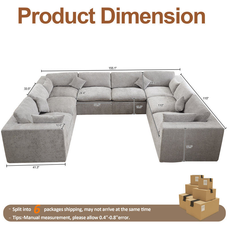 155'' Cloud Compression Sectional Couch, Light Gray Chenille
