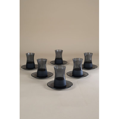 Elegant 12-Piece Tea Glass Set, Black | 100% Glass, Tea Glasses: 2.3 x 2.3 x 3.7 inches (6 Pieces, 5.7 fl oz) & Saucers: 5.0 x 5.0 x 0.6 inches (6 Pieces) | Perfect for Stylish Tea Parties, Hand Wash Recommended