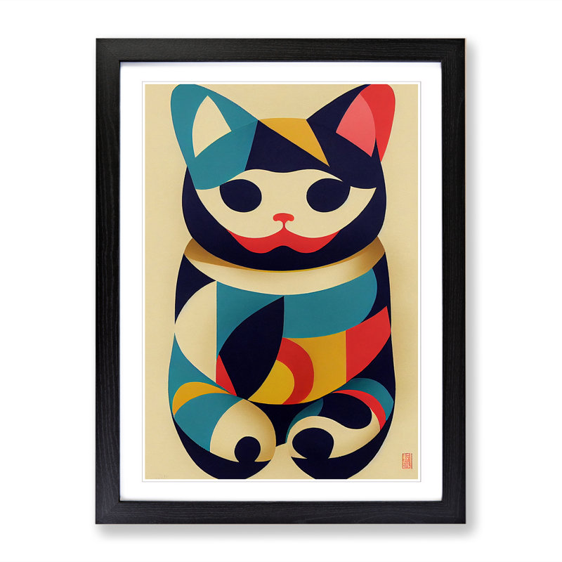 Aniha Maneki Neko Cat Abstract - Picture Frame Print, 46cm H x 34cm W, Oak