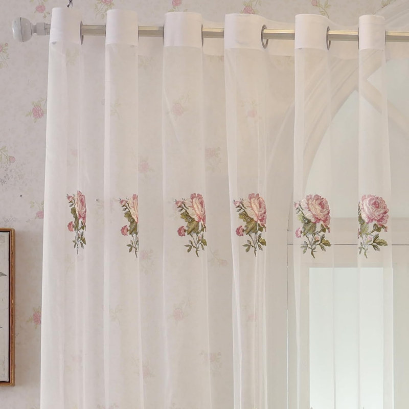 2Panels American Luxury Peony Embroidery Tulle Curtain For Living Room European Elegant Flower Embroidery Sheer Voile Drapes Bedroom Grommet top (WHITE,Grommet top,40"W x 84"L (Pack of 2))