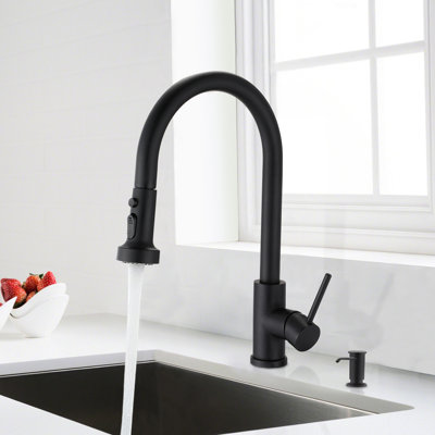 Robinet de cuisine en acier inoxydable, noir mat, douchette extractible, distributeur de savon, anti-rayures et rouille, bec pivotant à 360 °, débit de 1,8 gallon par minute résistant aux égratignures et à la rouille,