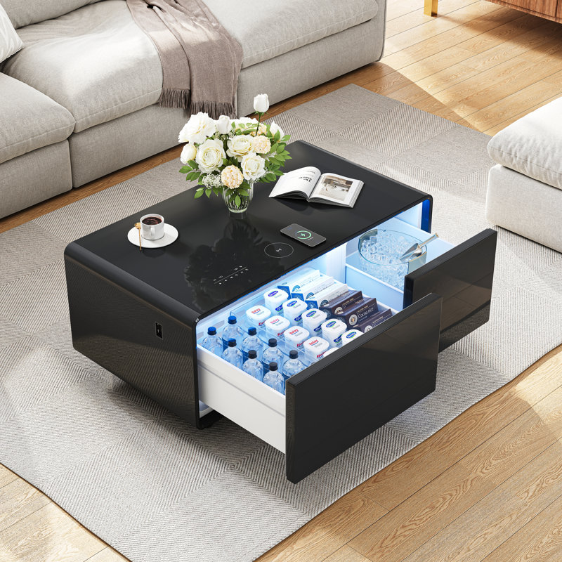  Smart Coffee Table with 93L Built-In Fridge & Freezer, Bluetooth Speakers, Wireless Charging, USB Ports, LED Lighting, Modern Living Room Refrigerated Table