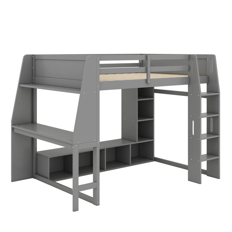 Lit mezzanine double pleine grandeur avec bureau, tablettes multiples, DEL et portemanteau suspendu, Gris