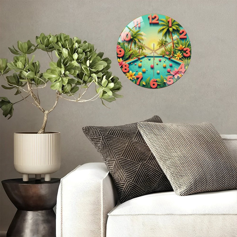 Tropical Pool Clock with Colourful Balls And Flowers Art - 12'' Modern Glass Wall Clock