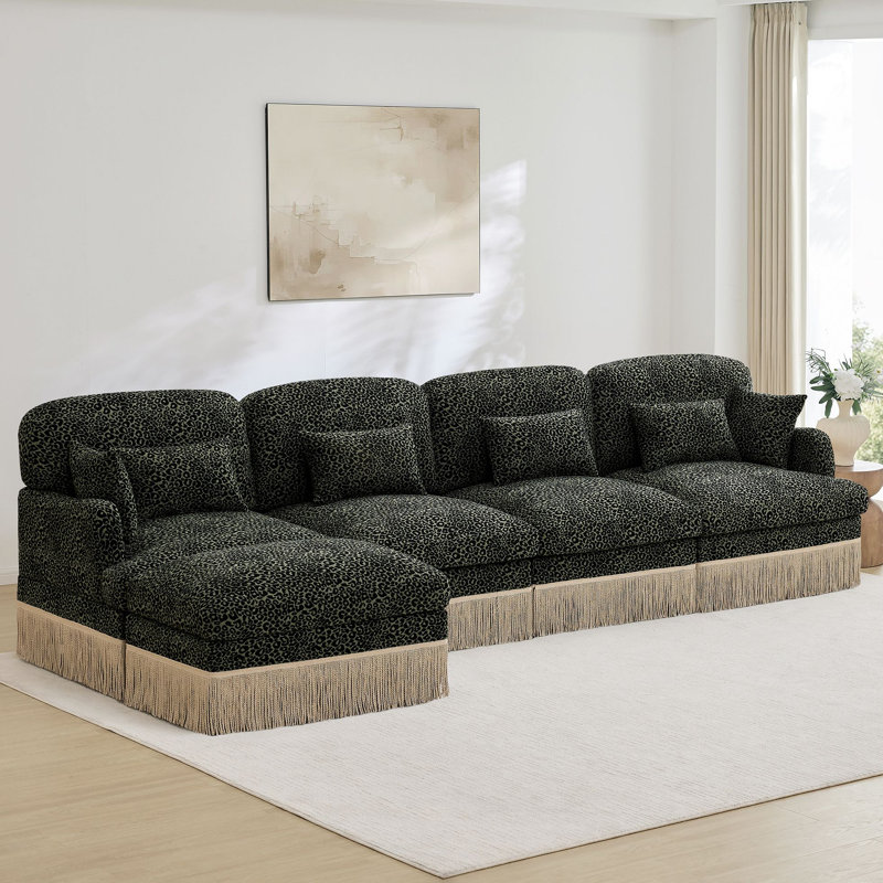 Canapé confortable en L à imprimé léopard en chenille, bord à pampille délicat, repose-pieds mobile, style moderne, dossier et siège ergonomiques, assemblage facile, siège profond