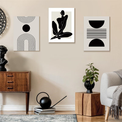 3-Piece Boho Abstract Art Print - Black White Geometric Canvas Wall Art - Modern Living Room Bedroom Decor - Framed Wood (8x10, 8x12, 12x16, 16x24, 24