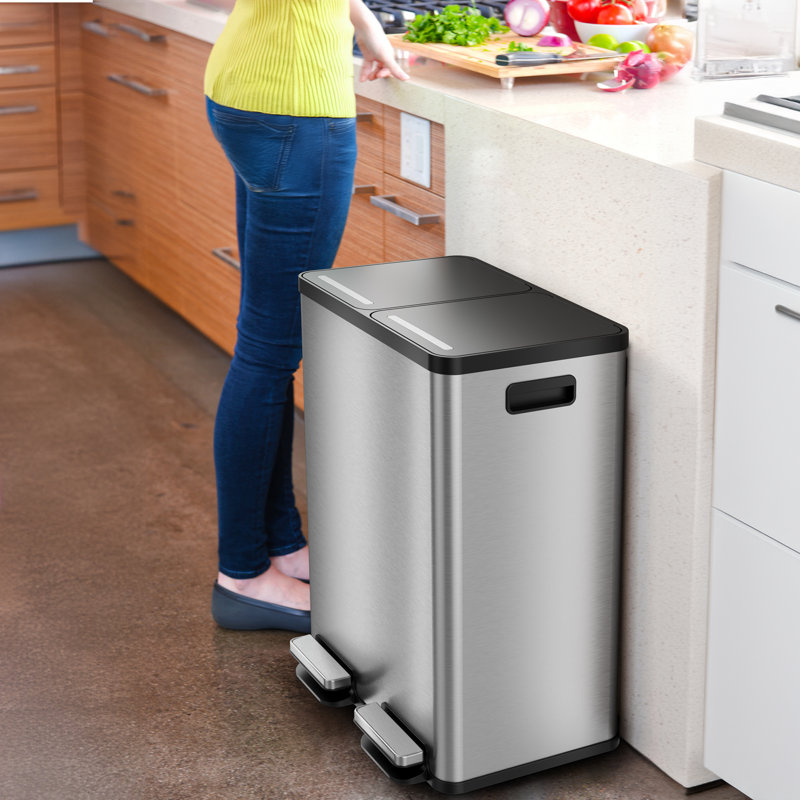 Poubelle à pédale combinée à double compartiment en acier inoxydable 16 gallons Itouchless Softstep, Acier Inoxydable