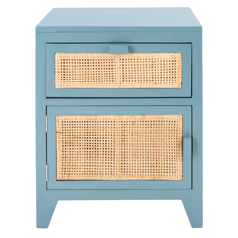 Elegant Blumenthal Rattan and Mahogany Nightstand – 18'' W Solid Wood Table with Sleek Drawer Pulls, Blue Gray