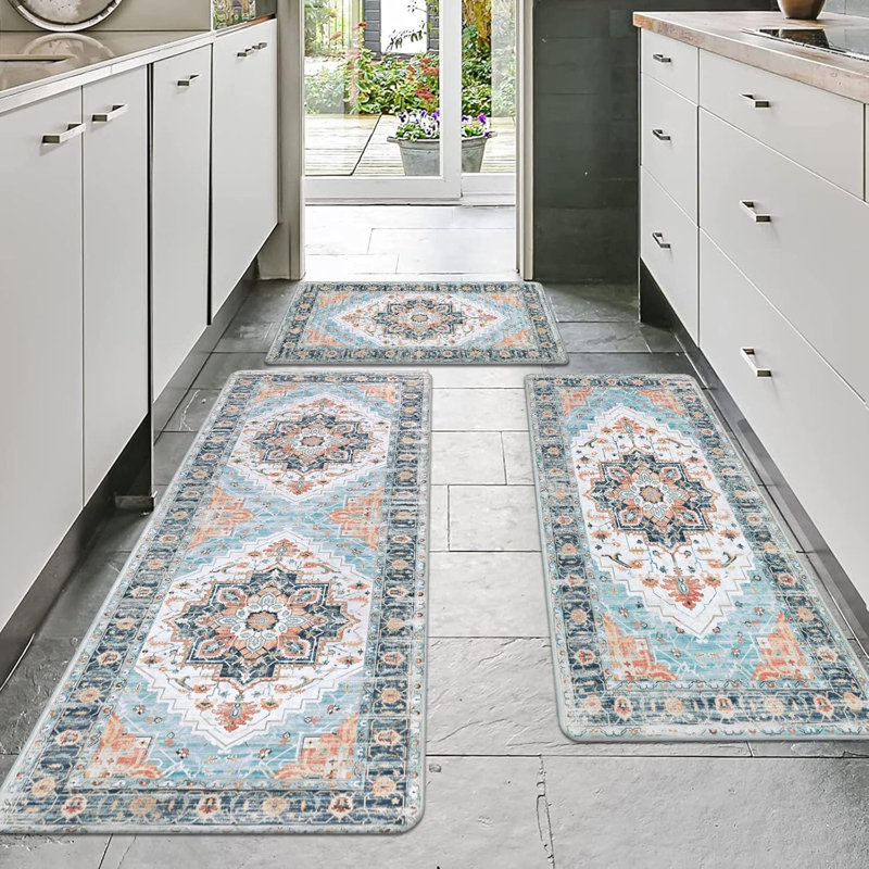 Ensemble de 3 tapis de cuisine coussinés, Bleu