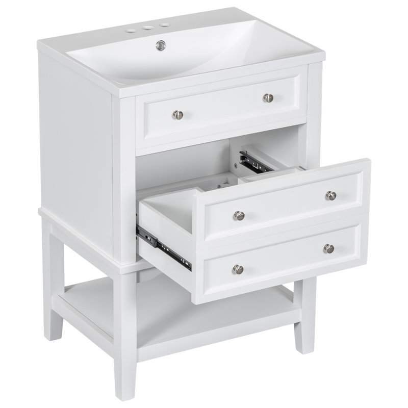 Meuble-lavabo 24 po avec lavabo, armoire de rangement avec tiroir et tablette ouverte, structure en bois massif, blanc