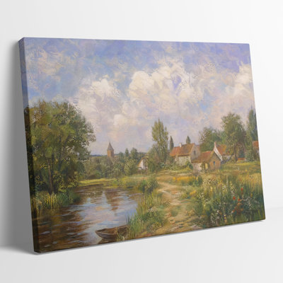 Multicolor Canvas Landscape Painting, Painterly River Village and Houses Wall Art for Living Room Dining Room and Bedroom