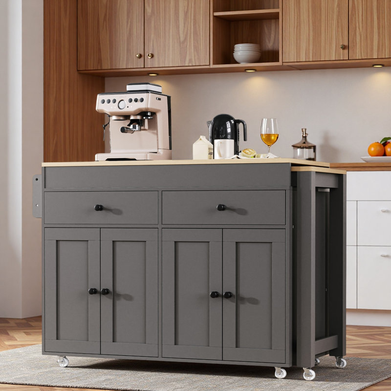 Rolling Kitchen Island With Extendable Dining Table, Spice Rack, 2 Drawers, 4 Door Cabinet And Wheels, Gray