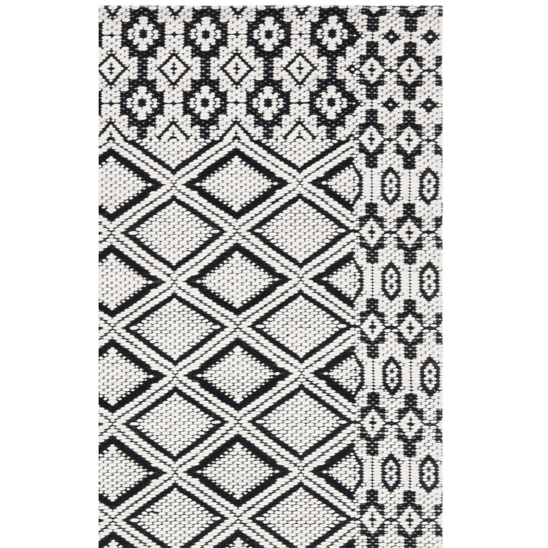 Tapis géométrique en laine et en coton tissé à la main en ivoire / noir Marbella, Rectangle de 5 pi x 8 pi