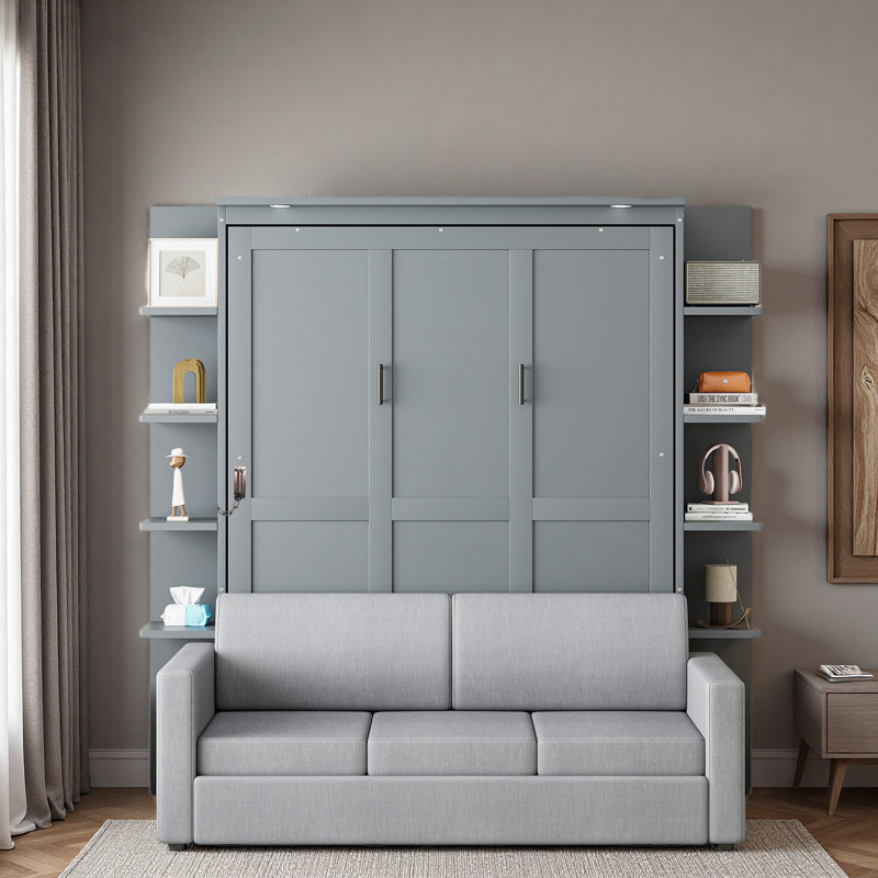 Queen Size Murphy Bed Wall Bed With Sofa, Gray