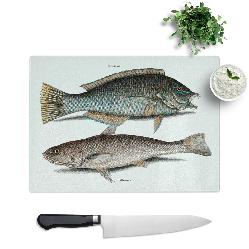 Tempered Glass Puddingwife & Whiting Fish by Mark Catesby Chopping Board, 28.5 cm x 20 cm