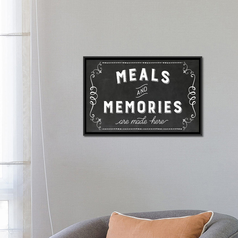 « repas & souvenirs », art textuel sur toile, H 18 po x l 26 po x P 1,5 po, Toile avec cadre noir, Pas de tapis