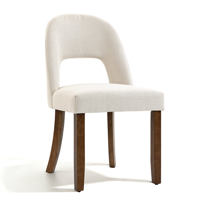 Linen Upholstered Dining Chairs With Curved High Back And Solid Wood Legs, Beige/Wood, 6