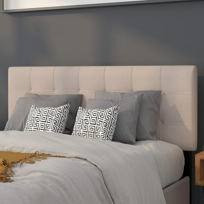 Beige Fabric Full Headboard – Box Stitch Tufted Upholstered Design, Stylish And Contemporary Bedroom Décor, Beige, Full