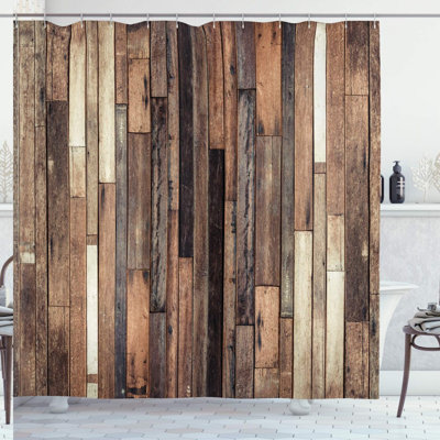 RusticFarmhouse Wooden Shower Curtain - Natural Brown Hardwood Plank Design, Country Home Decor with Hooks, Perfect for Lodge, Loft, and Garage Bathrooms
