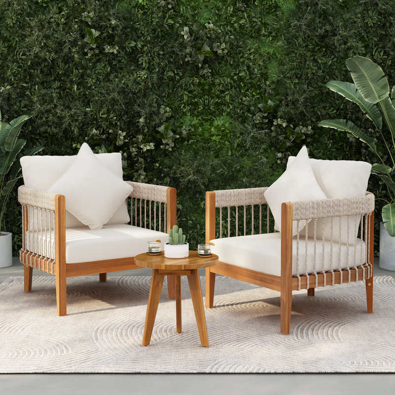 Lingard Outdoor Acacia Wood & Rope Woven Conversation Set With Cushions, Beige, Beige Rope/Natural