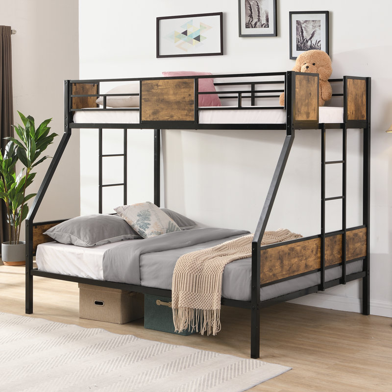 Lit superposé simple au-dessus d'un lit double en métal avec échelle à 2 côtés et garde-corps sur toute la longueur, sans sommier tapissier - assemblage facile