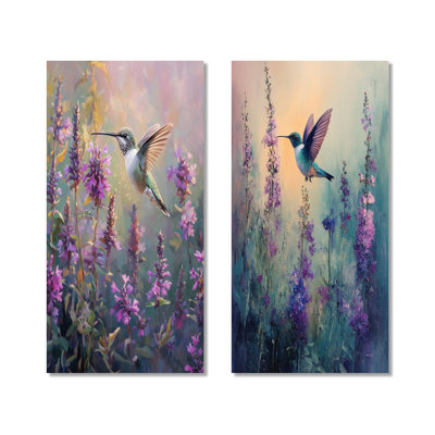 Hummingbird in the Wildflowers II – Purple Birds Oversized Metal Wall Art Print Set of 2