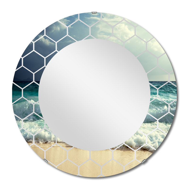 Vagues bleues se brisant sur la plage - Miroir mural nautique et côtier, 24 po x 24 po