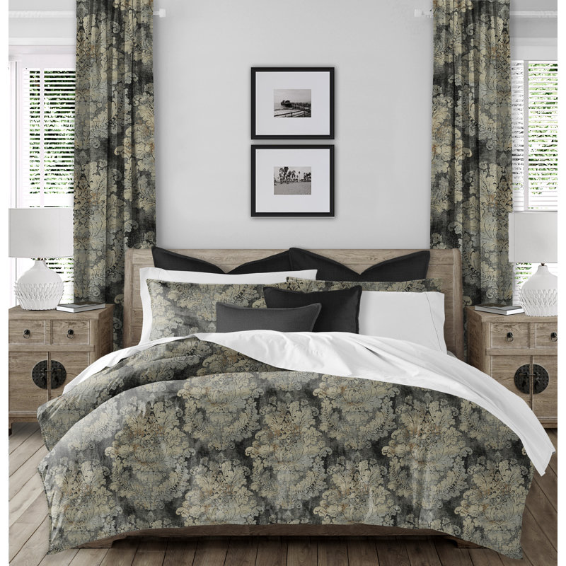 Faye Comforter Set, Full Comforter + 2 Shams, Charcoal Damask