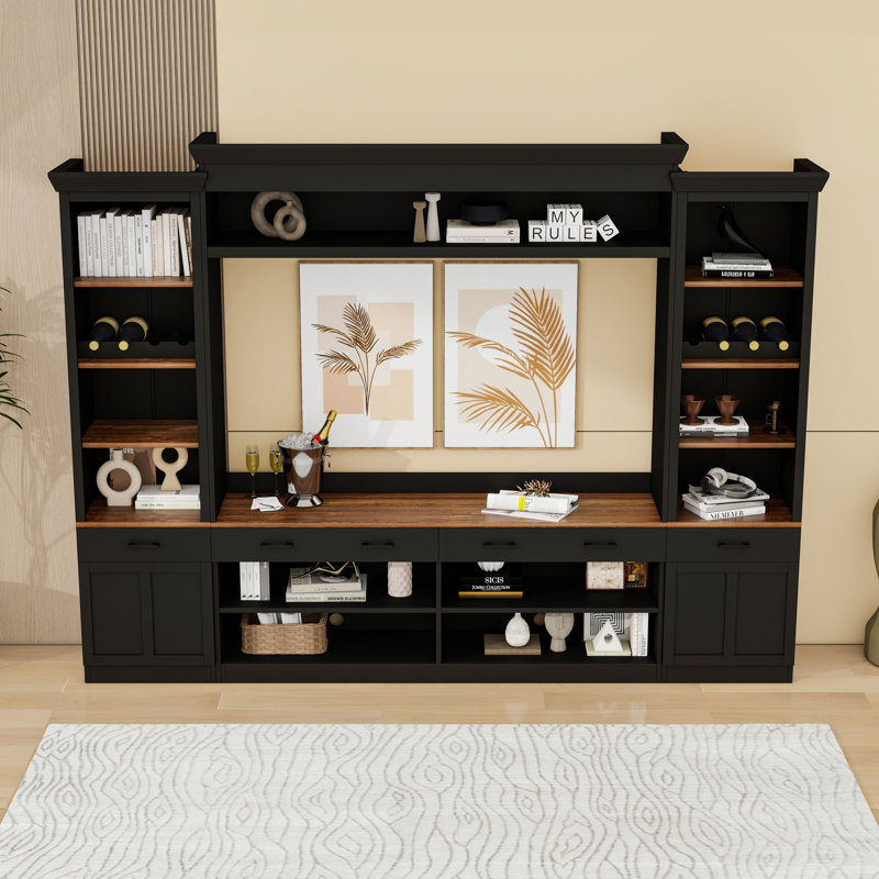 4‑Piece Entertainment Media Center with Adjustable Shelves, Cabinets and Drawers, Black