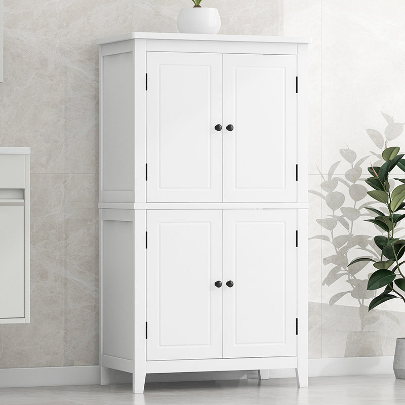 Armoire de rangement pour salle de bain élégante, armoire autoportante avec 4 portes, Blanc / Blanc