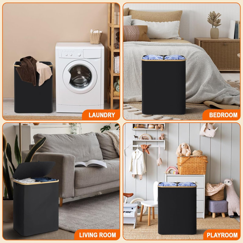 Double Laundry Hamper With Lid 150L Large Laundry Basket With Bamboo Handles Foldable Clothes Hampers With 2 Removable Liner Bags For Laundry For Bedroom Bathroom Dorm Laundry Room, Black