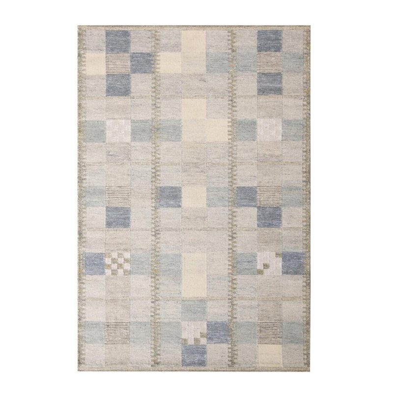 Rug & Kilim’S Scandinavian-Inspired Geometric Gray And Blue Natural Wool Rug, Rectangle 10' x 14'