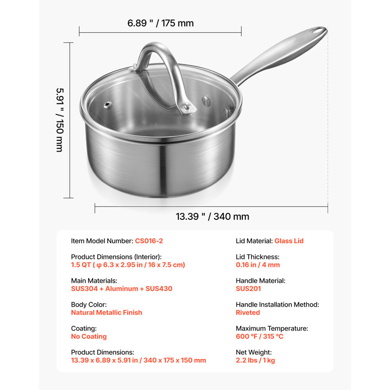 Casserole en acier inoxydable de 1,5 pte avec couvercle en verre et poignée ergonomique