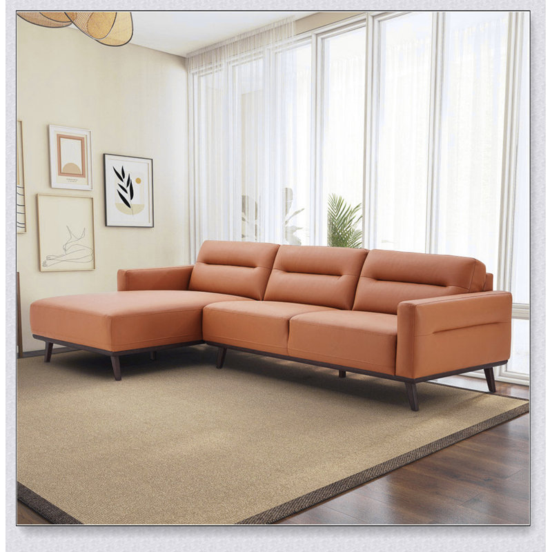 L-Shaped Cognac PU Leather Sectional Couch, Left Hand Facing