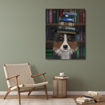 Red Barrel Studio® Fab Funky Gallery Wrapped Canvas Art Titled: Border Collie, Tricolour, and Books