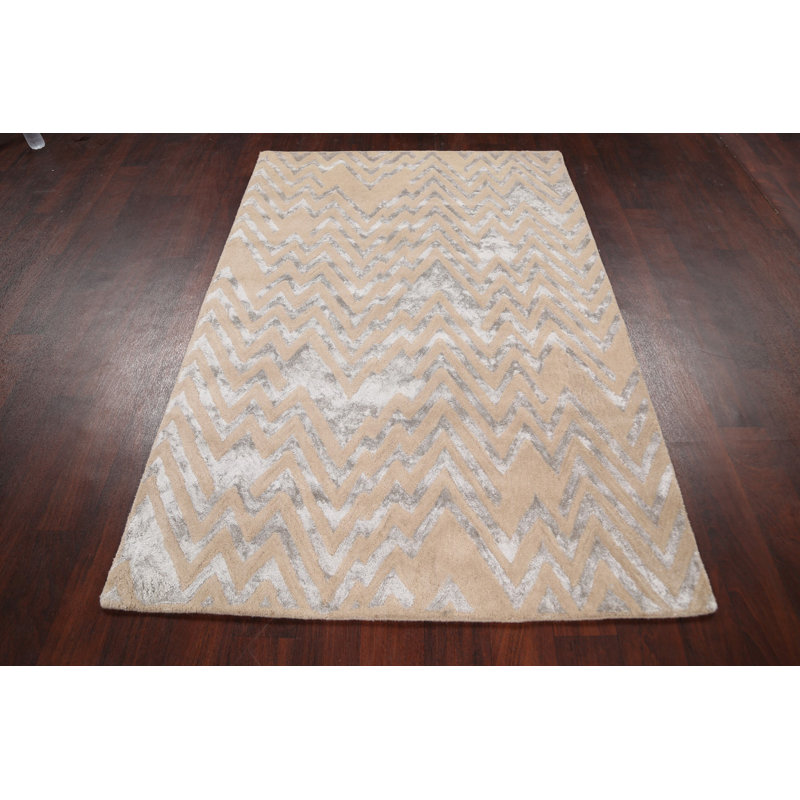Tapis beige/gris en laine/soie Touffeté à la main Millan