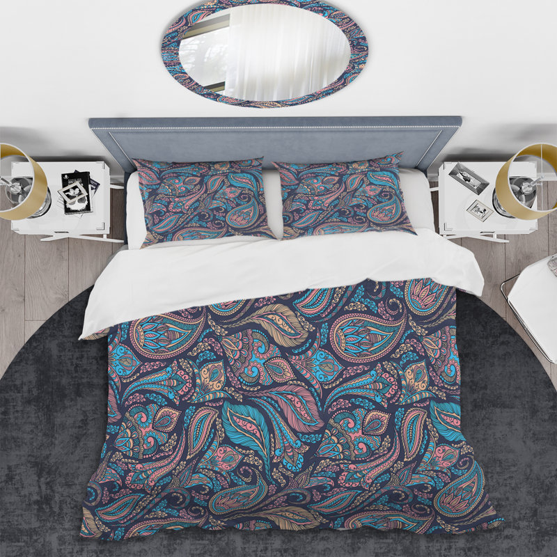 Bleu floral cachemire - ensemble de housse de couette abstrait - microfibre de polyester