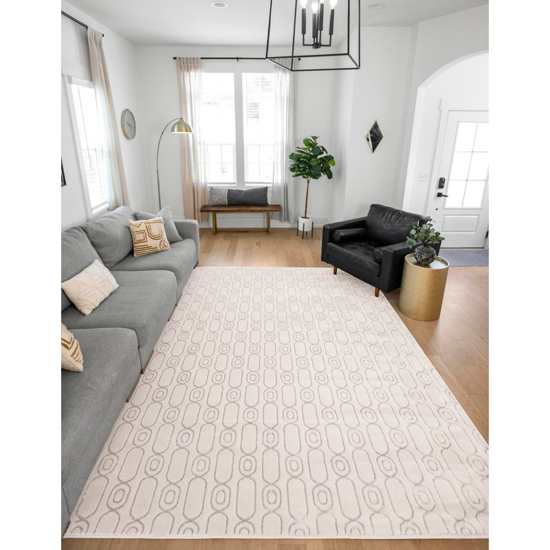 Tapis contemporain blanc et argenté Vincente, Rectangle 2 pi x 3 pi 1 po