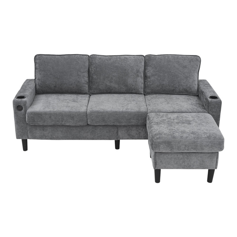 L-shaped Sofa Sectional With Usb, Cup Holder , Grey