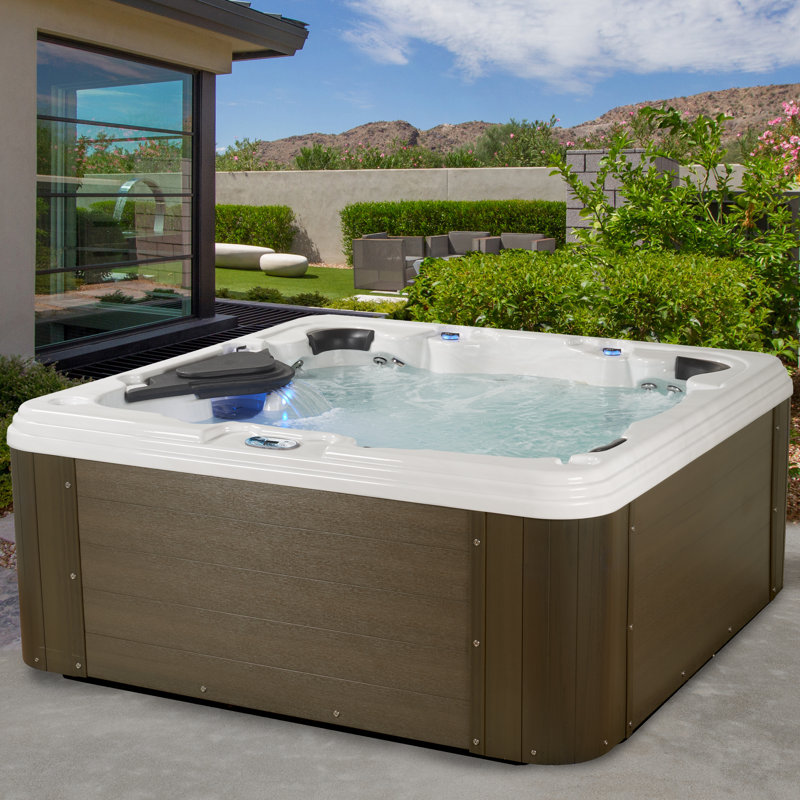 Amplified™ 6-Person 100-Jet Lounger Hot Tub Spa with Bluetooth Stereo, 3 Pumps, LED Lighting, Stainless Steel Heater and Ozonator, Insulated Cover Included and Steps Included