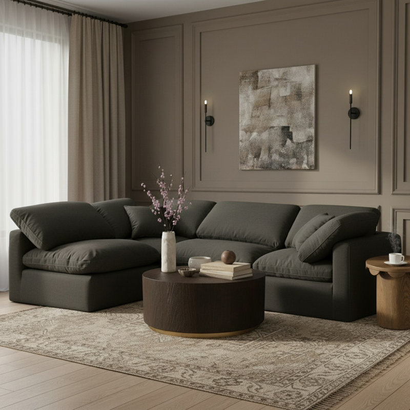 Canapé modulaire rembourré 4 pièces Izzet, Tissu texturé en lin noir