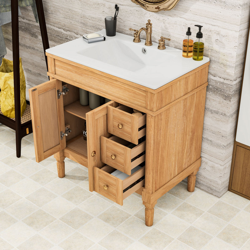 Meuble-lavabo moderne avec 3 tiroirs, tablette réglable et lavabo en céramique, Wood