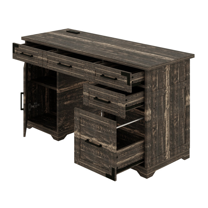 Table d'écriture, prises de courant, tiroirs multiples et armoire de rangement Vintage Farmhouse, Gris rustique