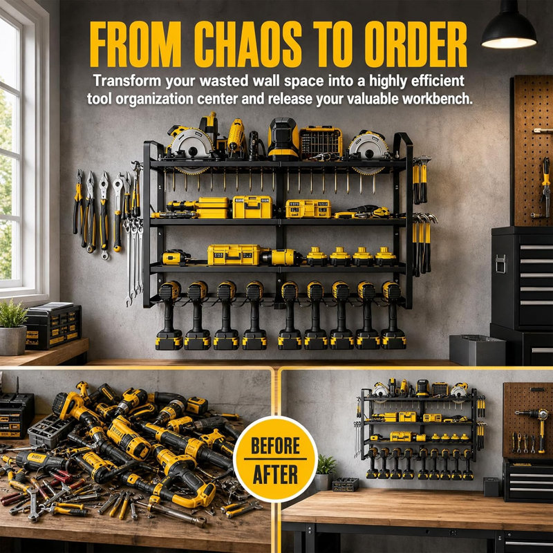 4 -Tier 8 Slots Wall Mount Power Tool Organiser Rack Garage Tool Holder Organiser Rack