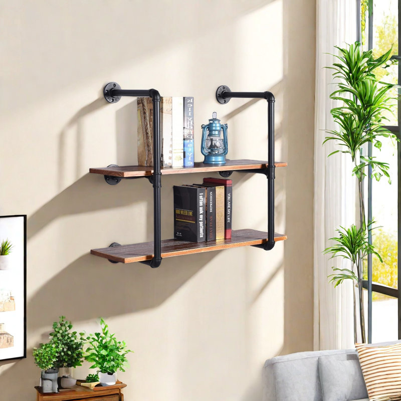Shelf 2-Layer Wooden Floating Shelves Industrial Iron Water Pipe Wall Mounted Shelf Rustic Wood Wall Storage Shelves Plant Pot Holder Home Organiser (24Inch)