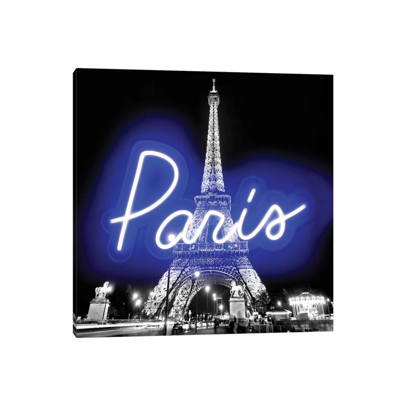Neon Paris Blue On Black by Hailey Carr - Print on Canvas, Wrapped Canvas, 66.04 cm H x 66.04 cm W x 3.175 cm D