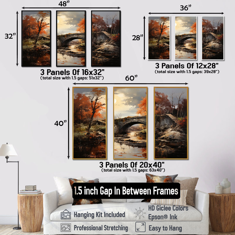 Ensemble de salon Bridges Sunrise I - Bridges Wall Art, Cadre flottant doré, H 28 po x l 36 po x P 1 po