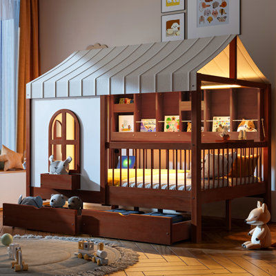 Full Size House Bed with 2 Drawers, Side Bookshelf, and LED Strip