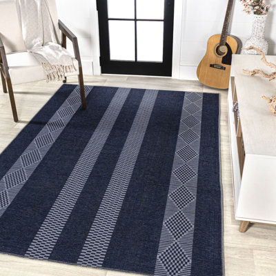 Braylyn Trellis Stripe Machine-Washable Navy/Gray Rug
