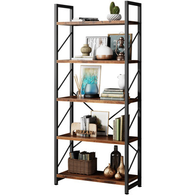 Walsunny 5-Tier Rustic Brown Bookcase, Sturdy Metal Frame, Space-Saving Shelving Unit For Home Office